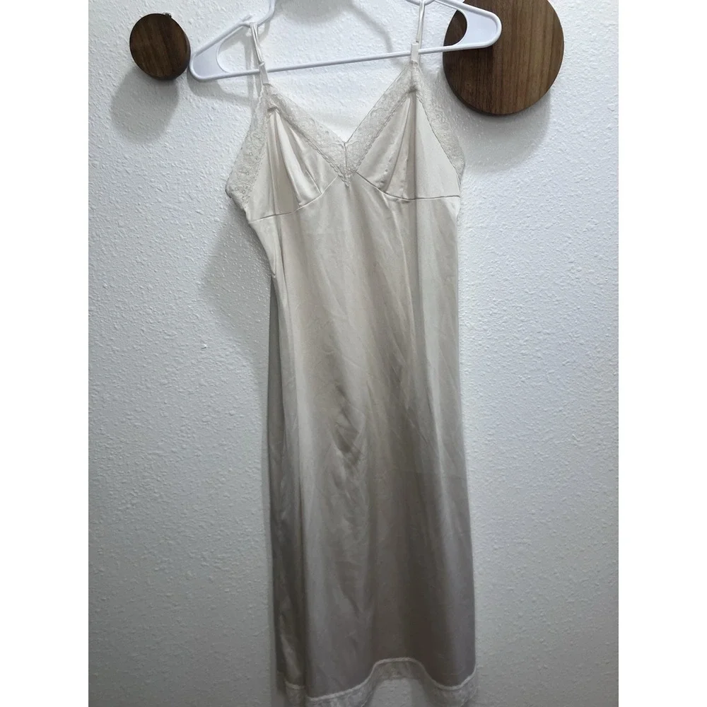Vintage Ivory Silky Full Slip Dress Midi Size Small Lace Adjustable Straps